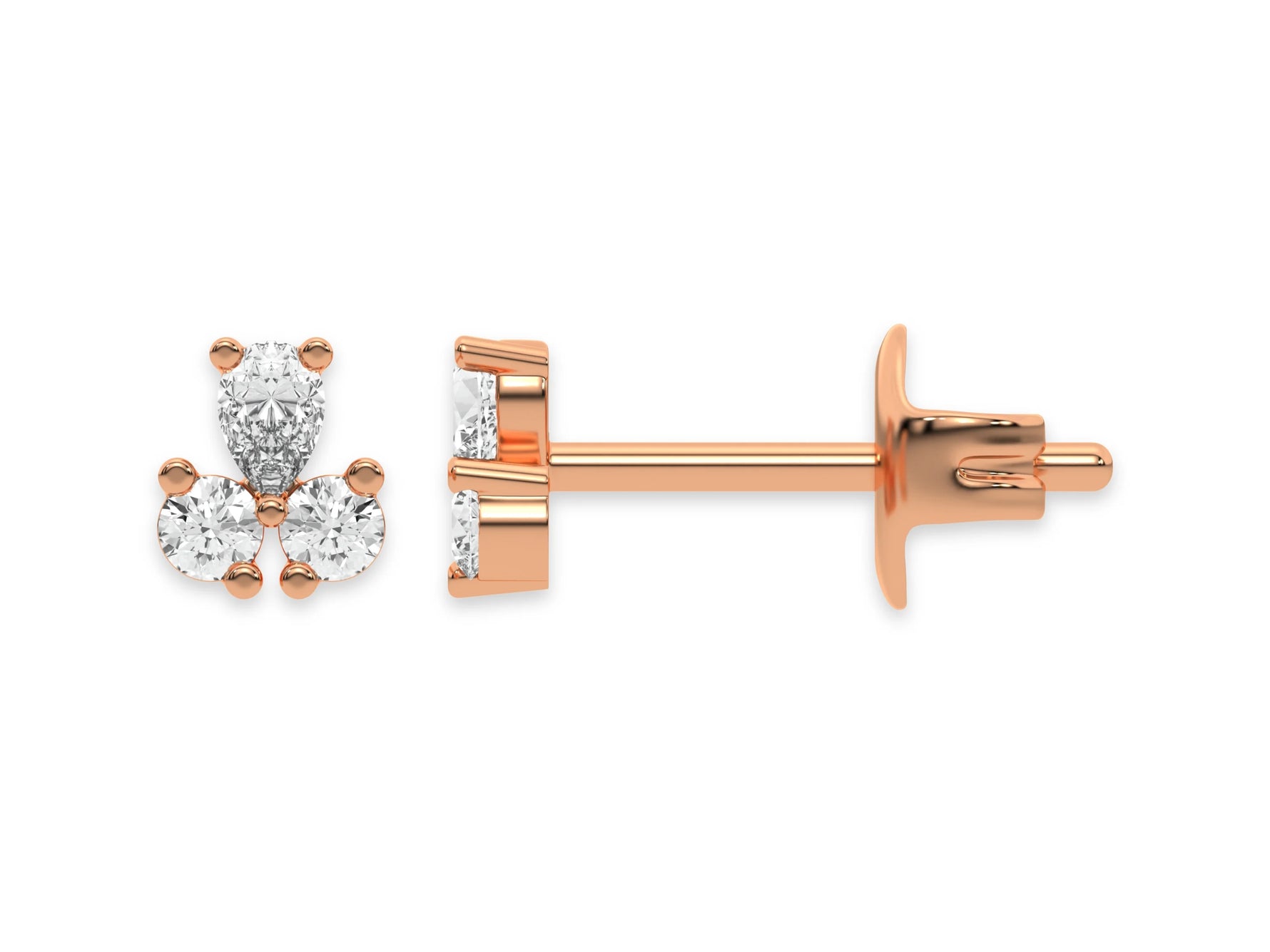 18k rose gold pear shaped and round cut diamond cluster stud earrings in prong setting.