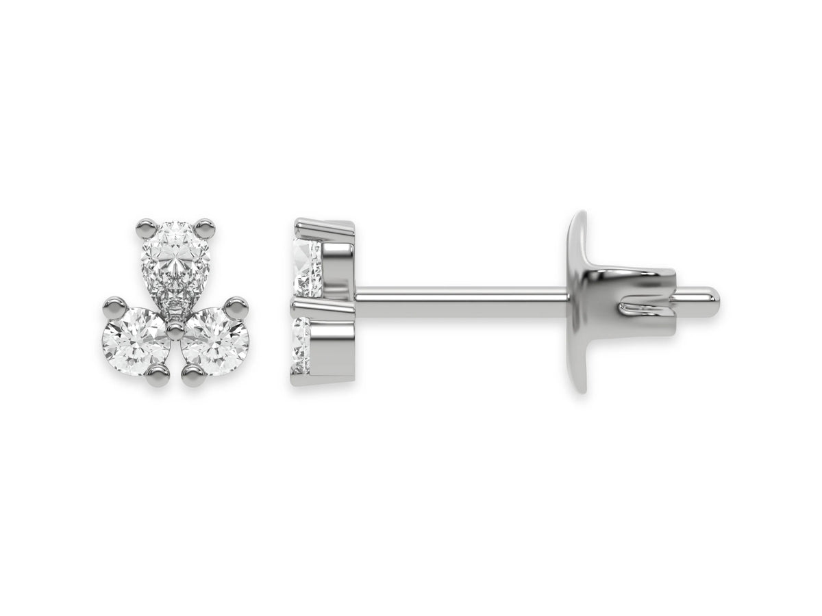 18k white gold pear shaped and round cut diamond cluster stud earrings in prong setting.