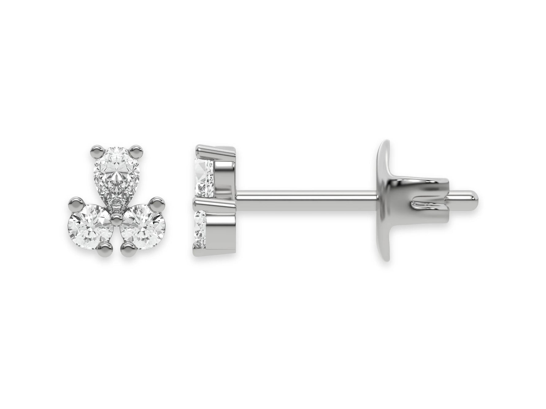 18k white gold pear shaped and round cut diamond cluster stud earrings in prong setting.
