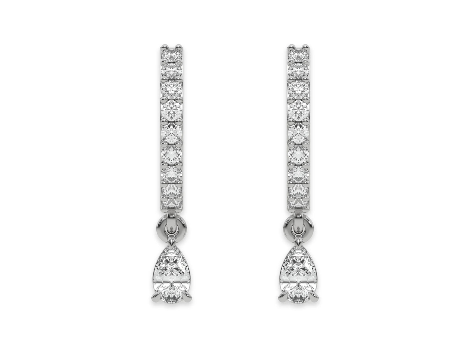 18k white gold dangling pear diamond hoop earrings with a round cut diamond in prong setting.