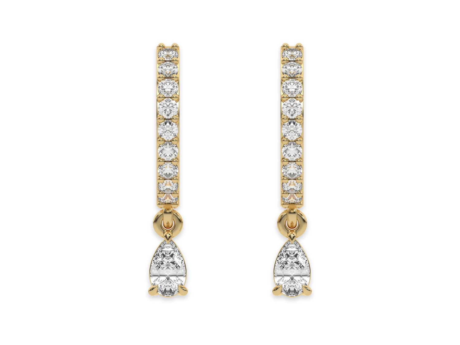 18k Yellow gold dangling pear diamond hoop earrings with a round cut diamond in prong setting.