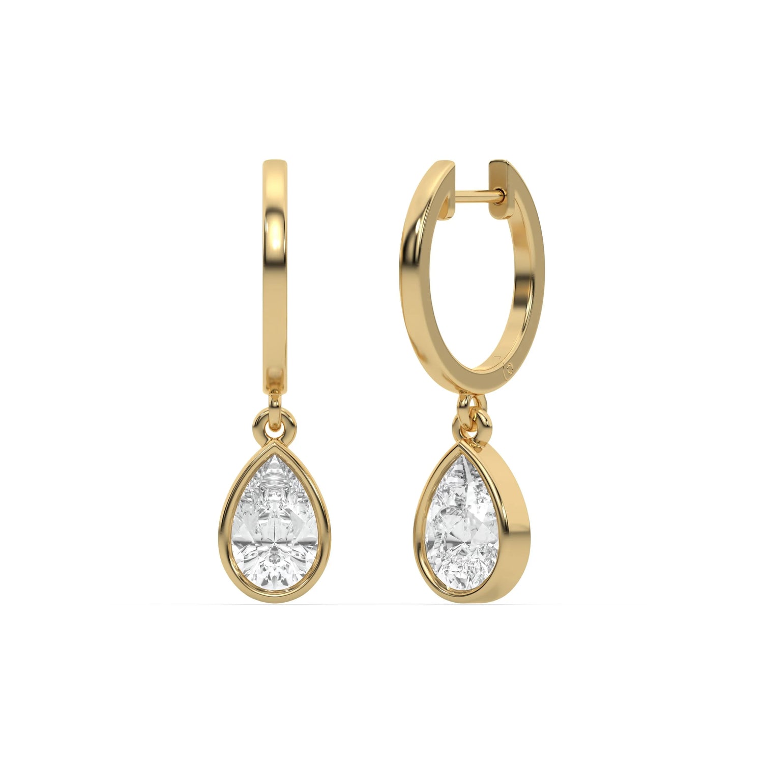 10k yellow gold lab grown pear shaped diamond dangling hoop earrings in bezel setting.