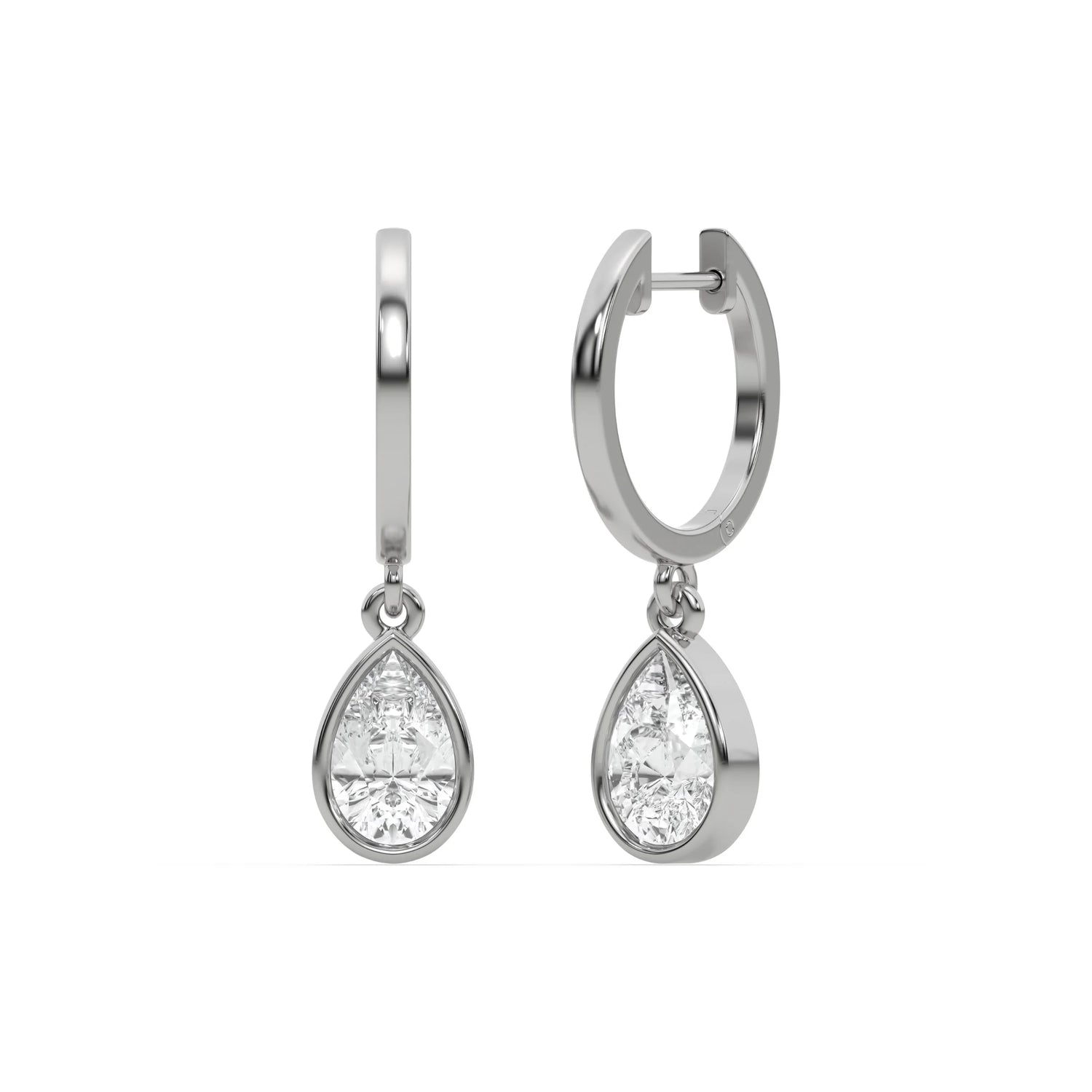 18k white gold lab grown pear shaped diamond dangling hoop earrings in bezel setting.