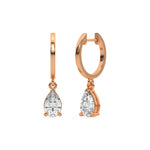 14k rose gold pear shaped diamond dangling hoop earrings in prong setting.