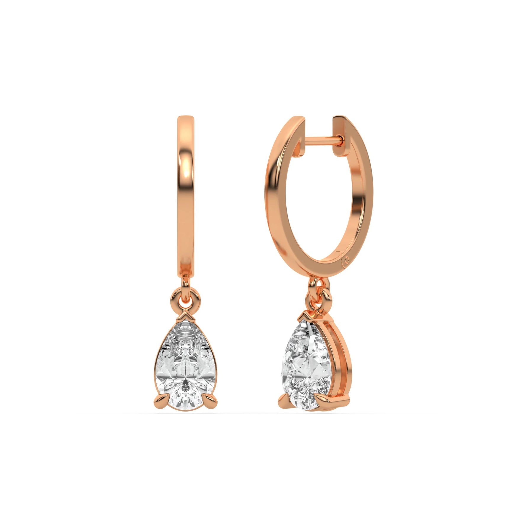 14k rose gold pear shaped diamond dangling hoop earrings in prong setting.