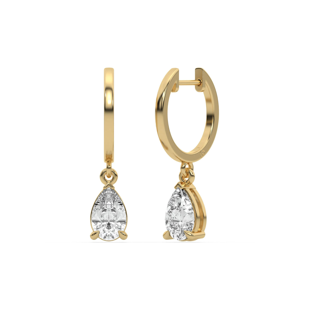 14k yellow gold pear shaped diamond dangling hoop earrings in prong setting.