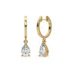 14k yellow gold pear shaped diamond dangling hoop earrings in prong setting.