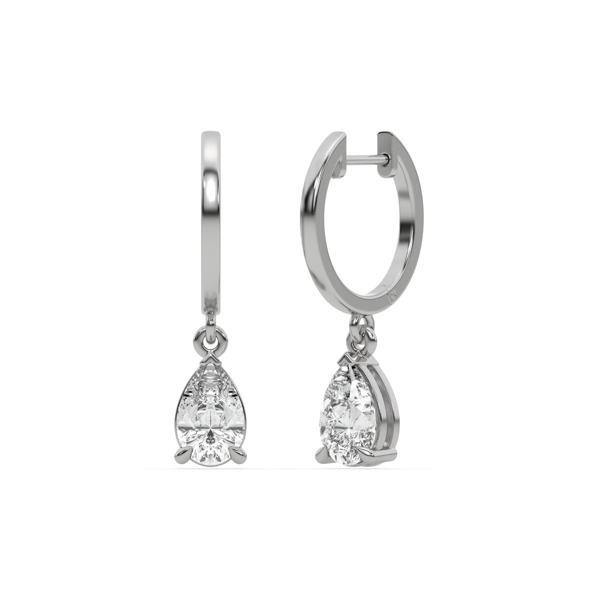 10k white gold pear shaped diamond dangling hoop earrings in prong setting.