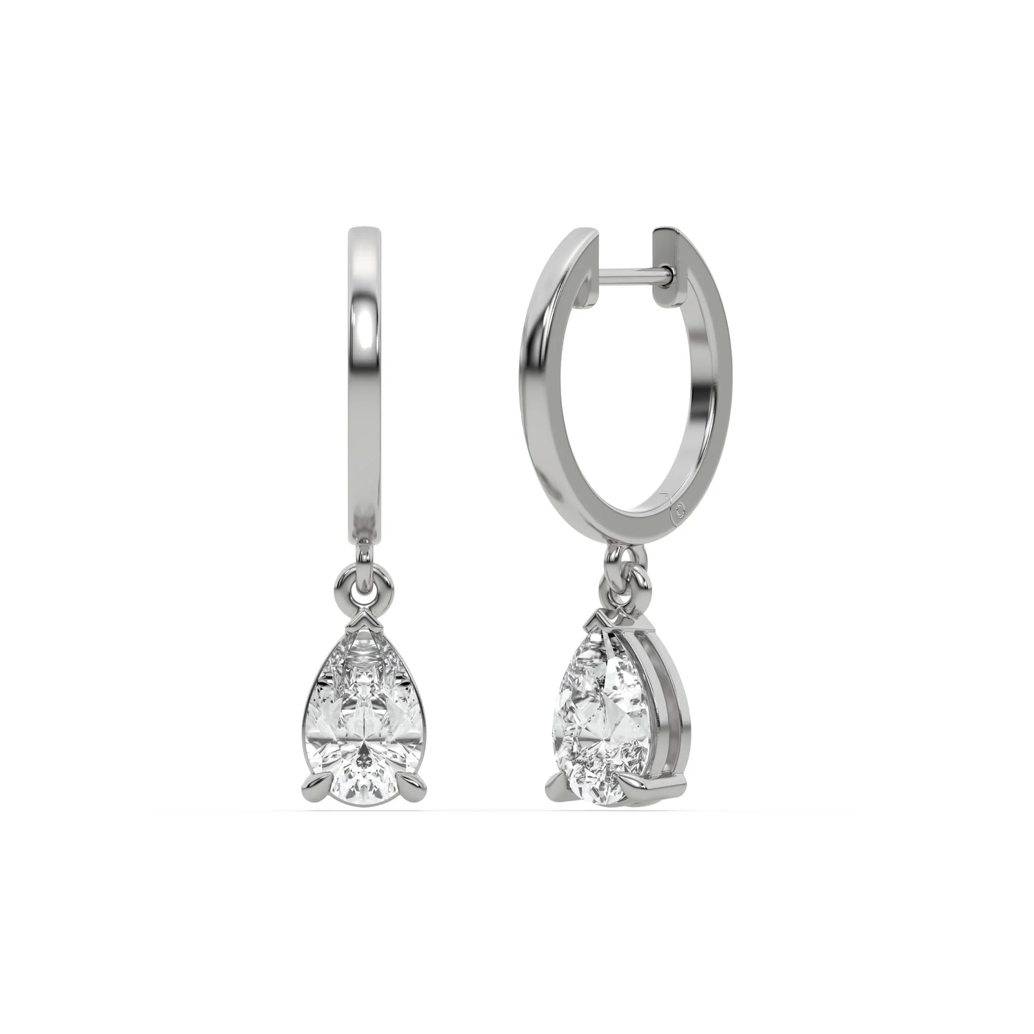 10k white gold pear shaped diamond dangling hoop earrings in prong setting.
