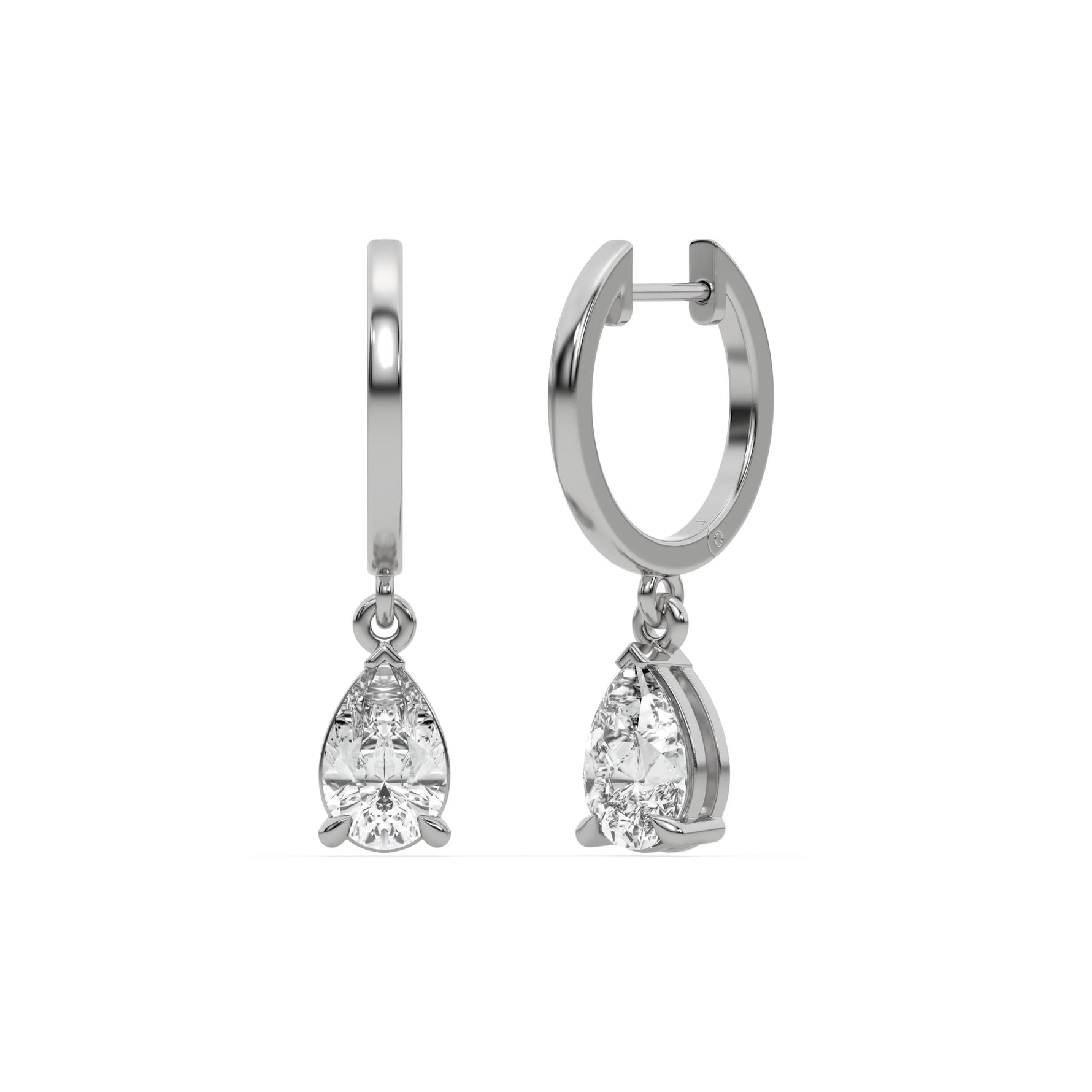10k white gold pear shaped diamond dangling hoop earrings in prong setting.