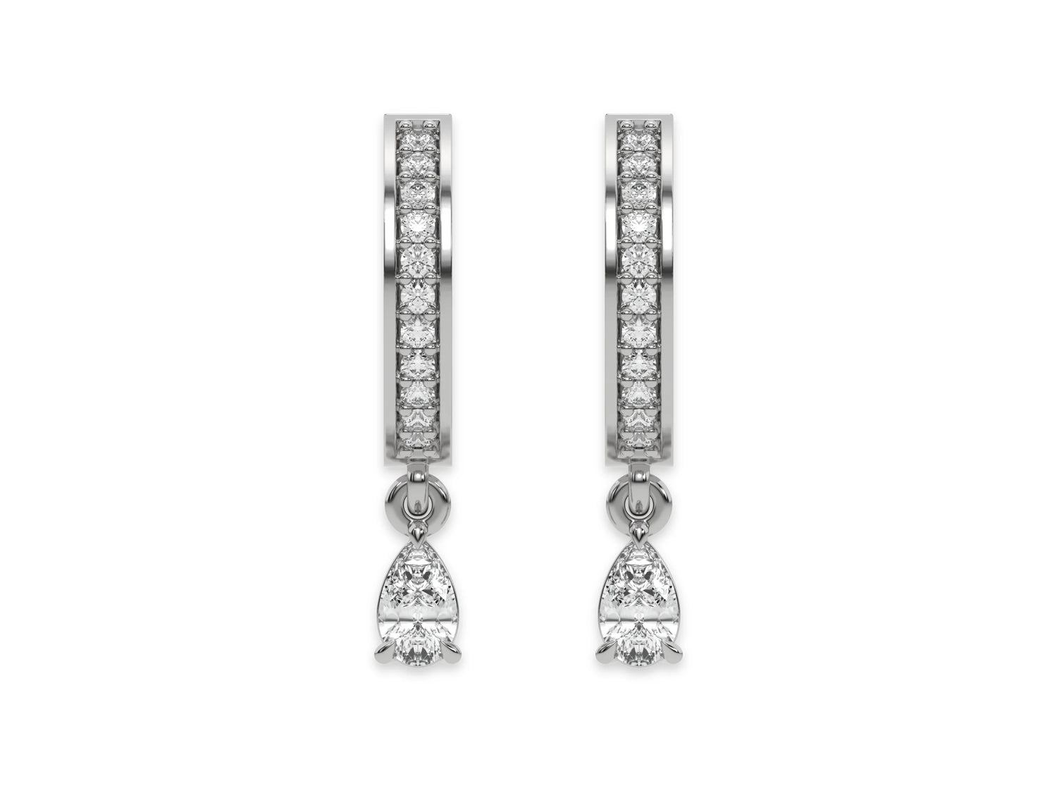 18k white gold dangling pear diamond hoop earrings with a round cut diamond in pave setting.