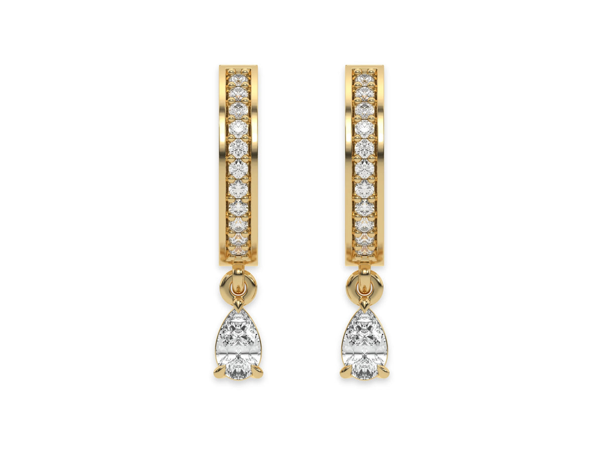 18k white gold dangling pear diamond hoop earrings with a round cut diamond in pave setting.