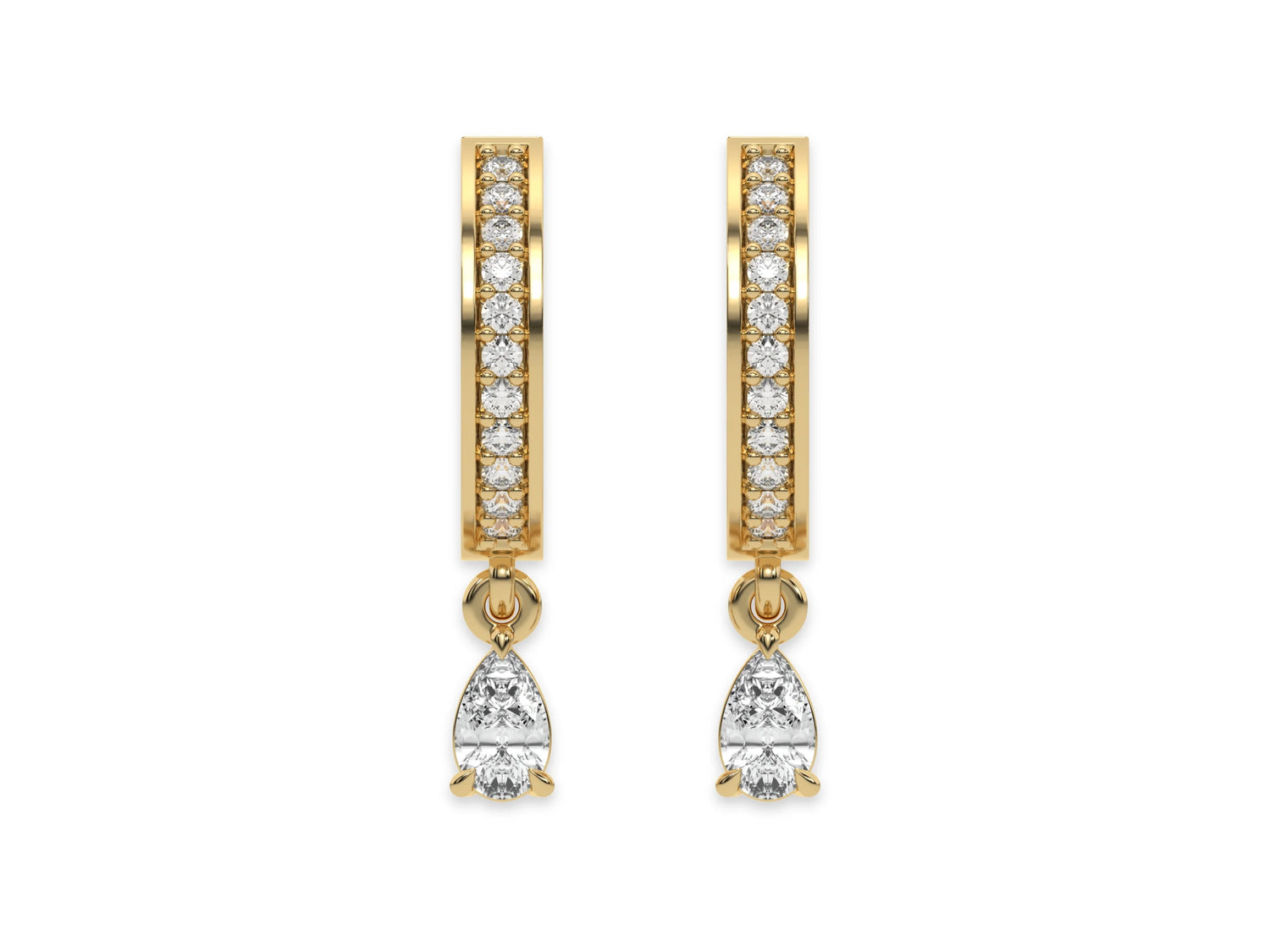 18k white gold dangling pear diamond hoop earrings with a round cut diamond in pave setting.