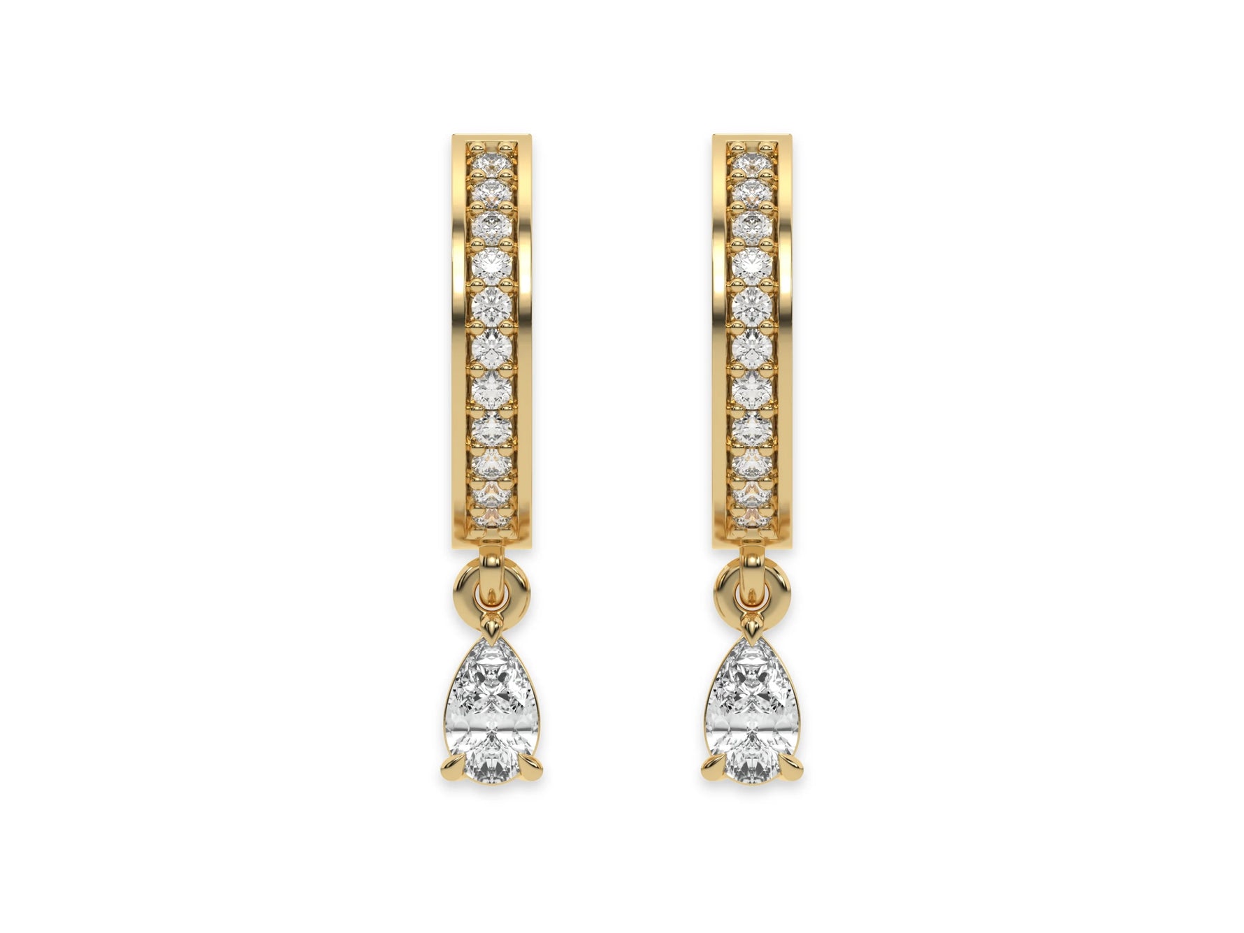 18k white gold dangling pear diamond hoop earrings with a round cut diamond in pave setting.