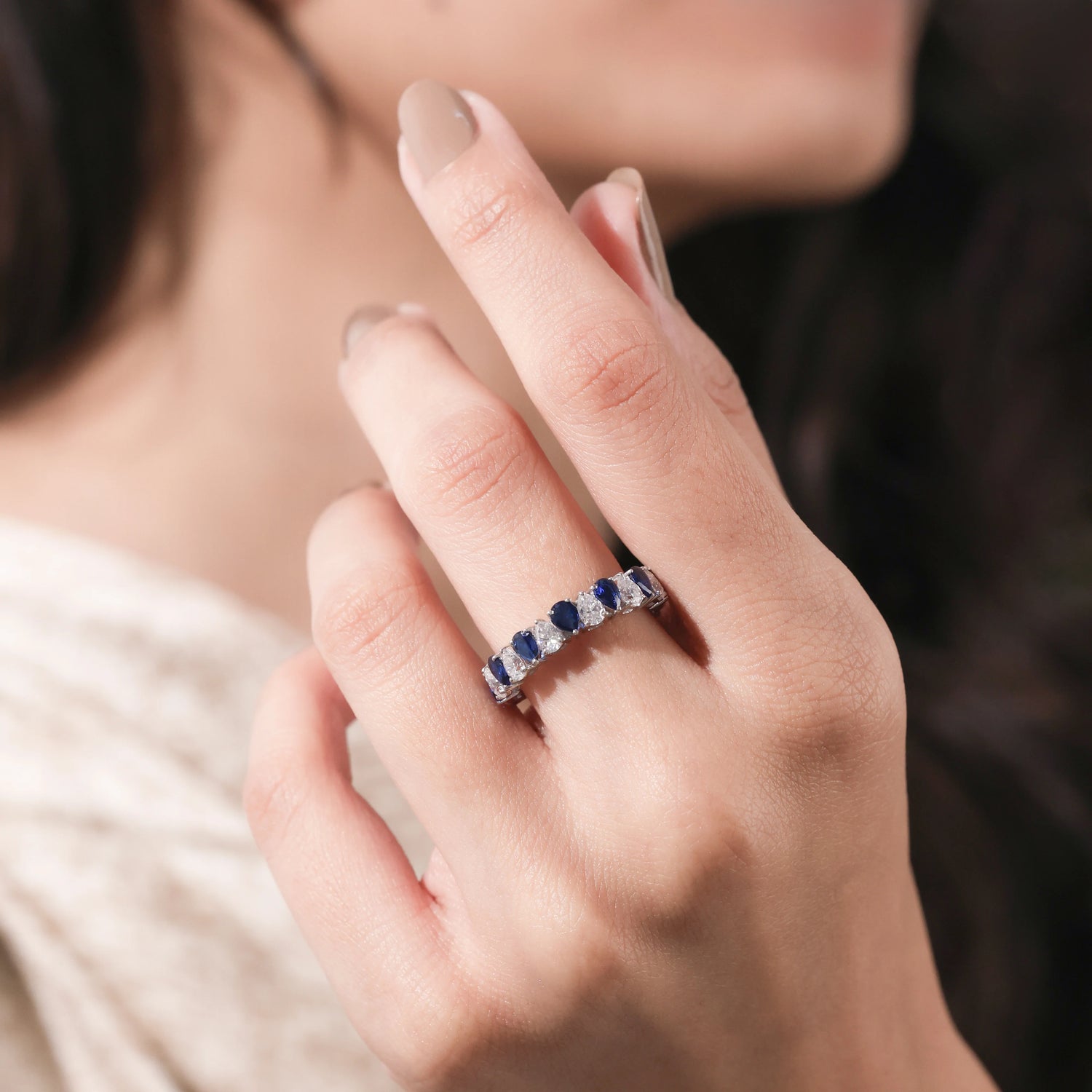 Pear Shaped Natural Blue Sapphire and Lab Diamond Eternity Ring