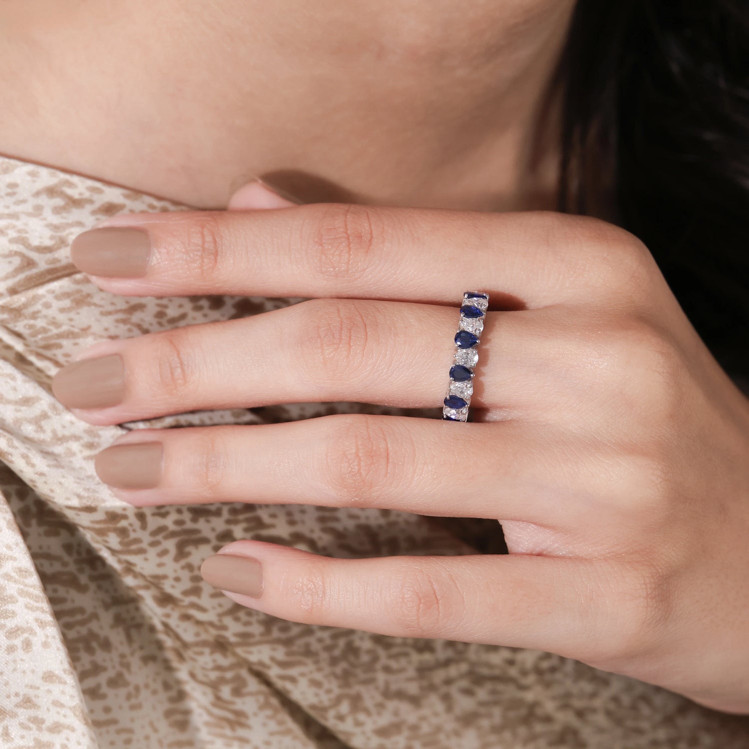 5.40 CT Pear Shaped Lab Blue Sapphire and Diamond Eternity Ring