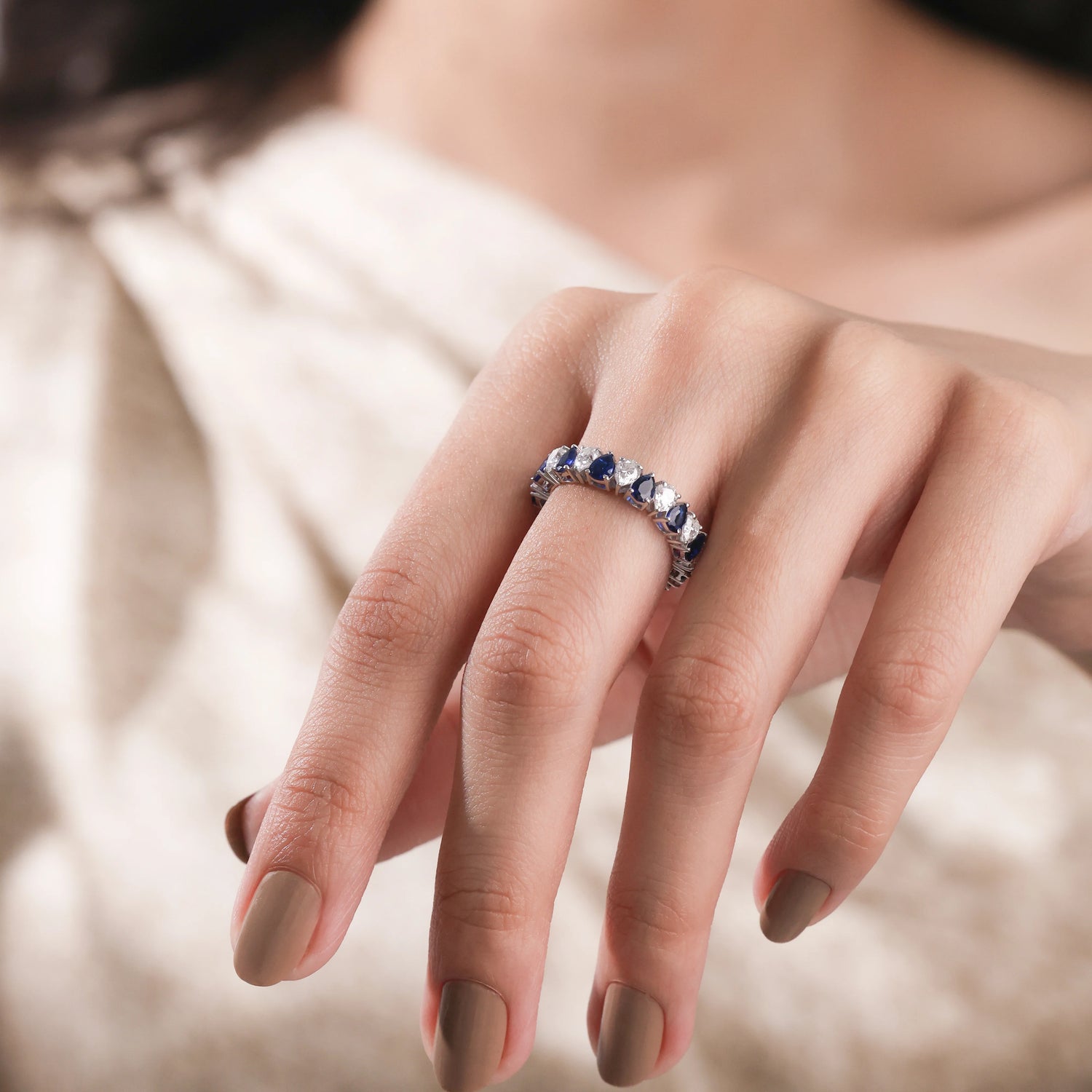 Pear Shaped Lab Blue Sapphire and Diamond Eternity Ring