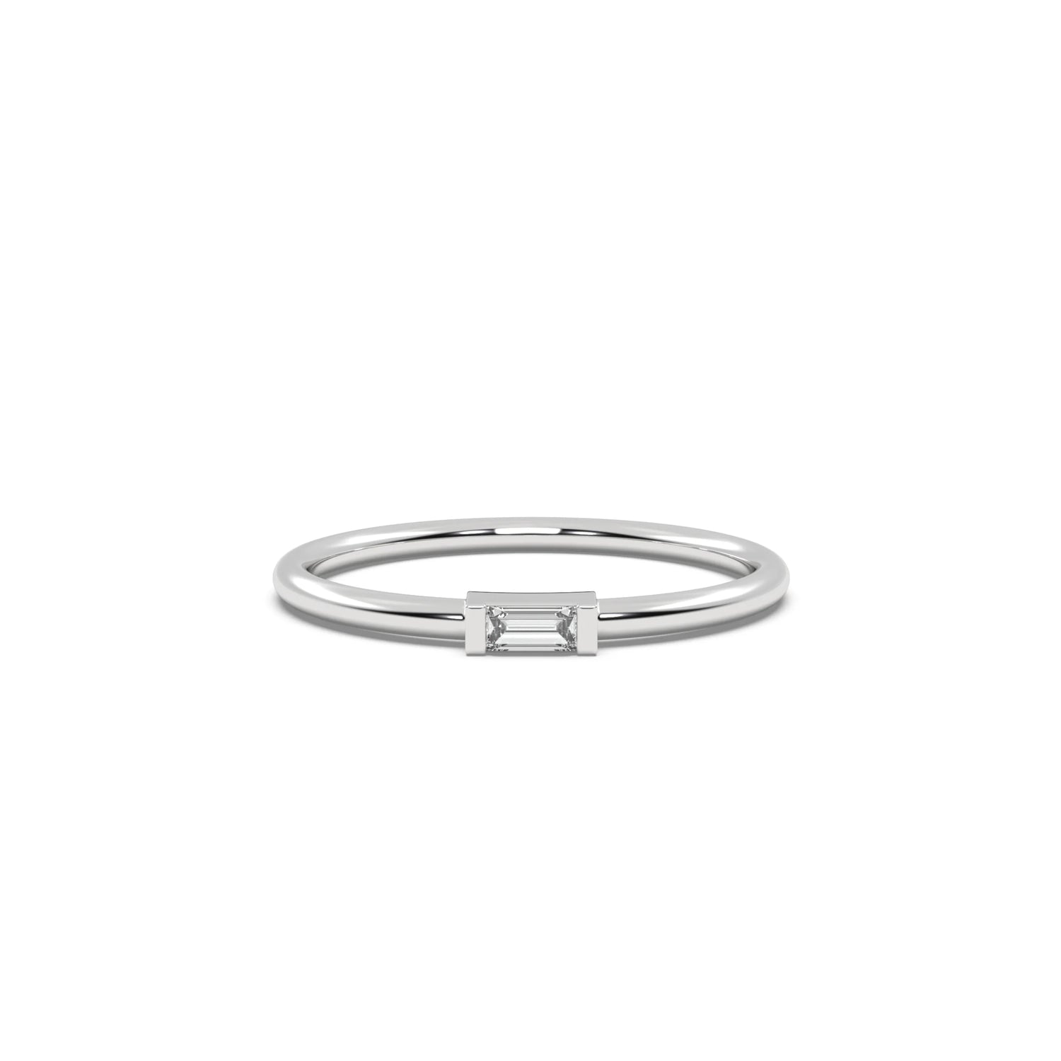 This white gold A thin gold band showcases a baguette diamond held in a bar prong setting in top view