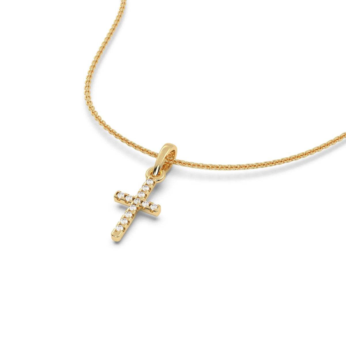 This yellow gold Delicate cross pendant crafted in a pave setting in 3D view