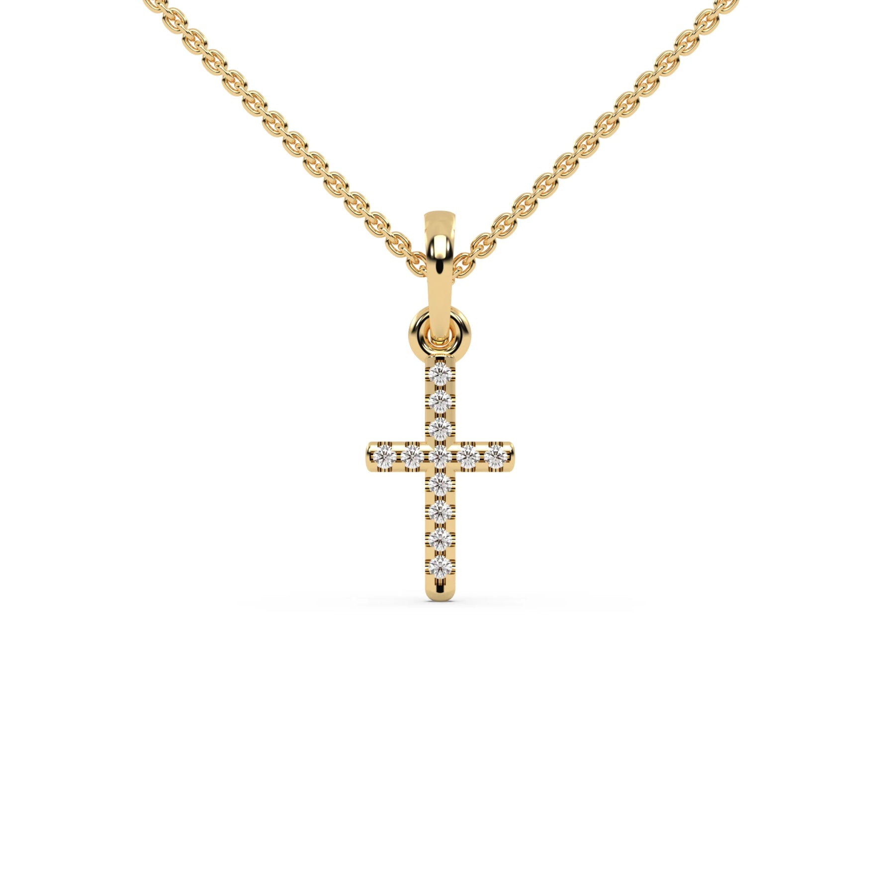 This yellow gold Delicate cross pendant crafted in a pave setting in top view