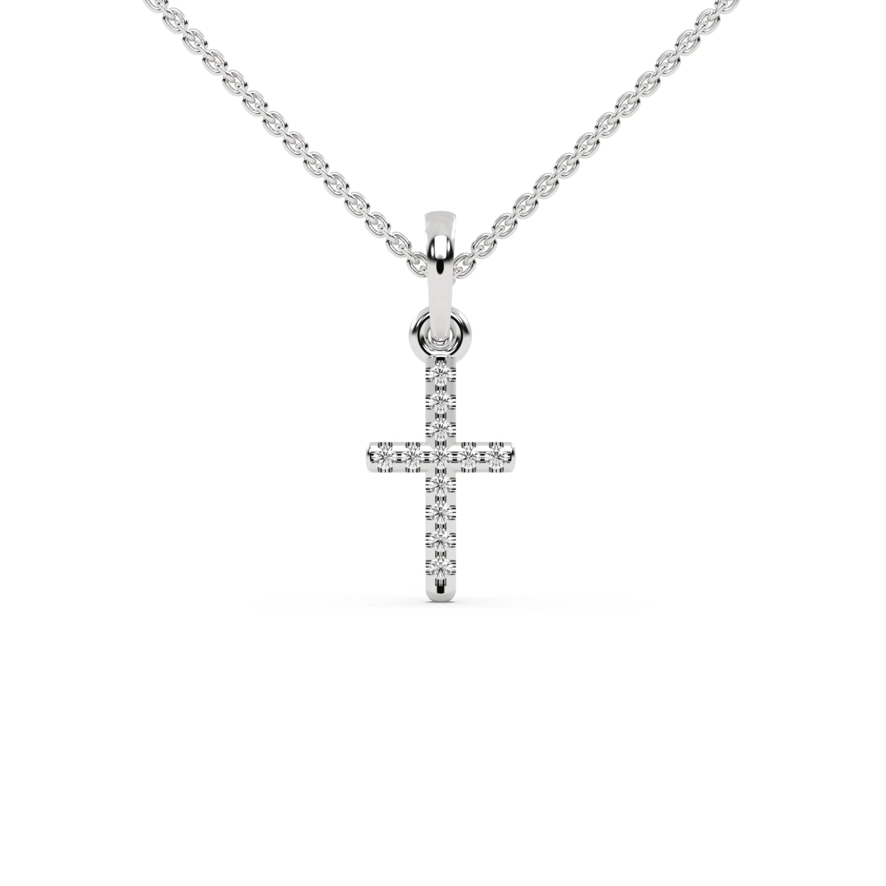 This white gold Delicate cross pendant crafted in a pave setting in top view