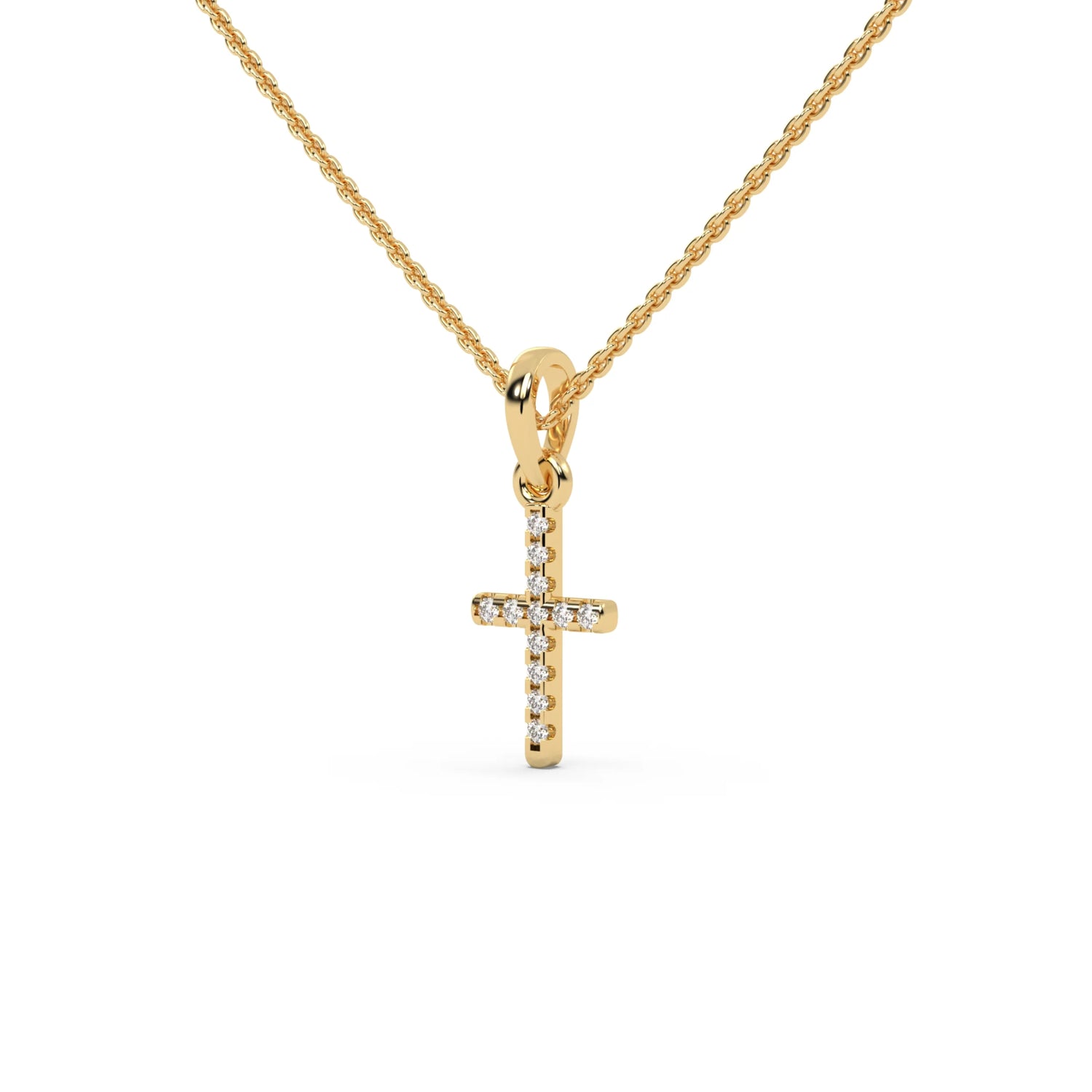 This yellow gold Delicate cross pendant crafted in a pave setting in side view