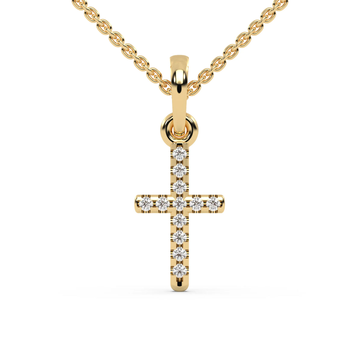 Front view of a yellow gold diamond cross necklace showcasing fine, pave-set stones along the religious symbol. Classic round diamond necklace.