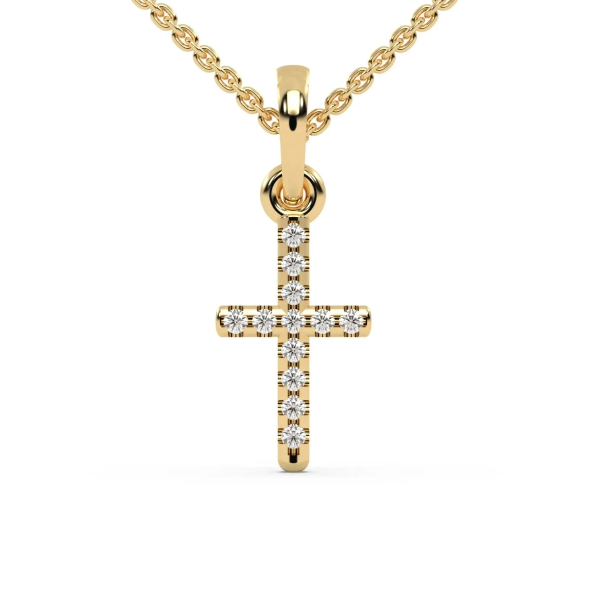 This yellow gold Delicate cross pendant crafted in a pave setting in top view