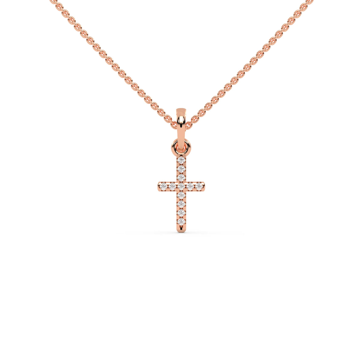 This rose gold Delicate cross pendant crafted in a pave setting in top view