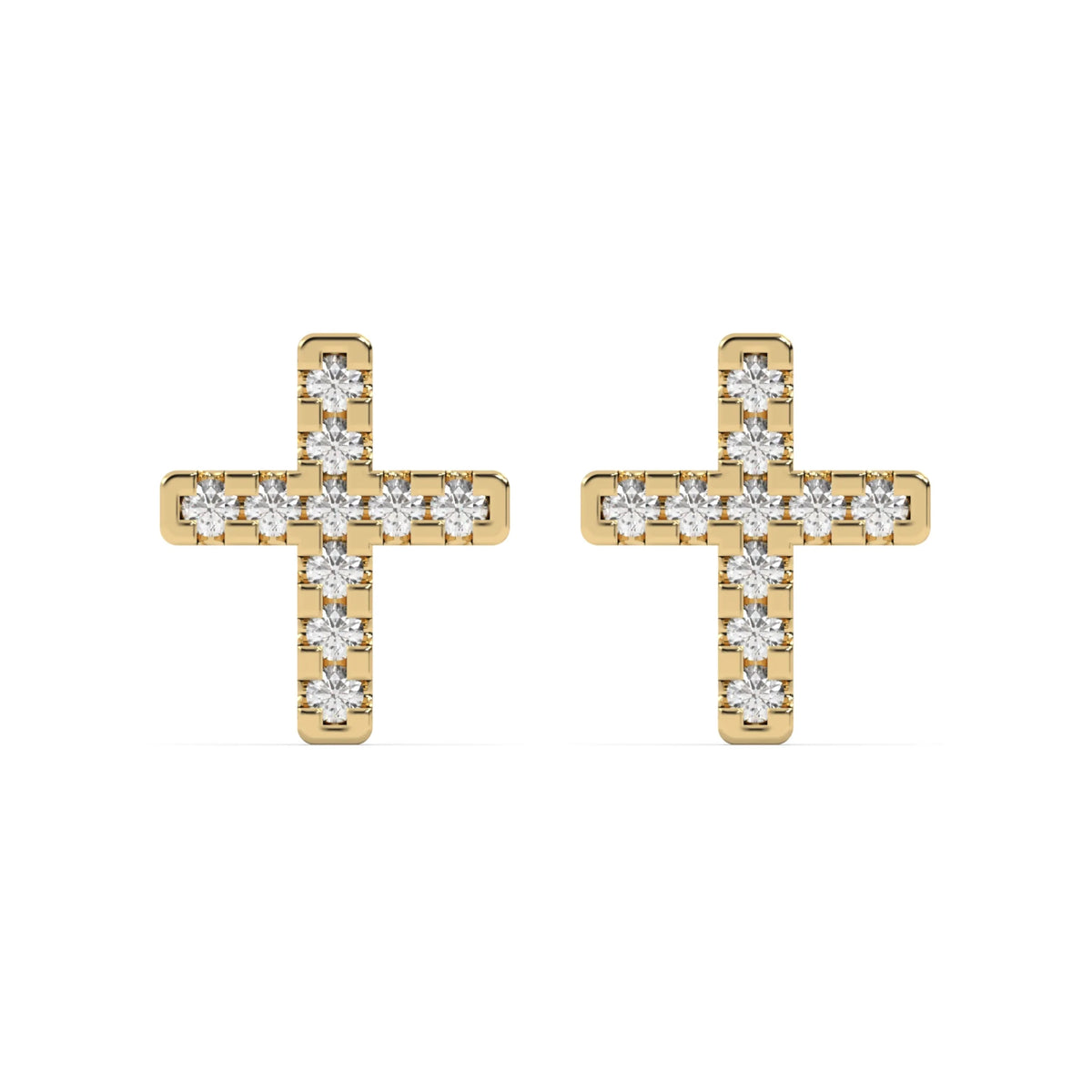 This yellow gold are small cross-shaped studs made with tiny round diamonds and set closely together in top view