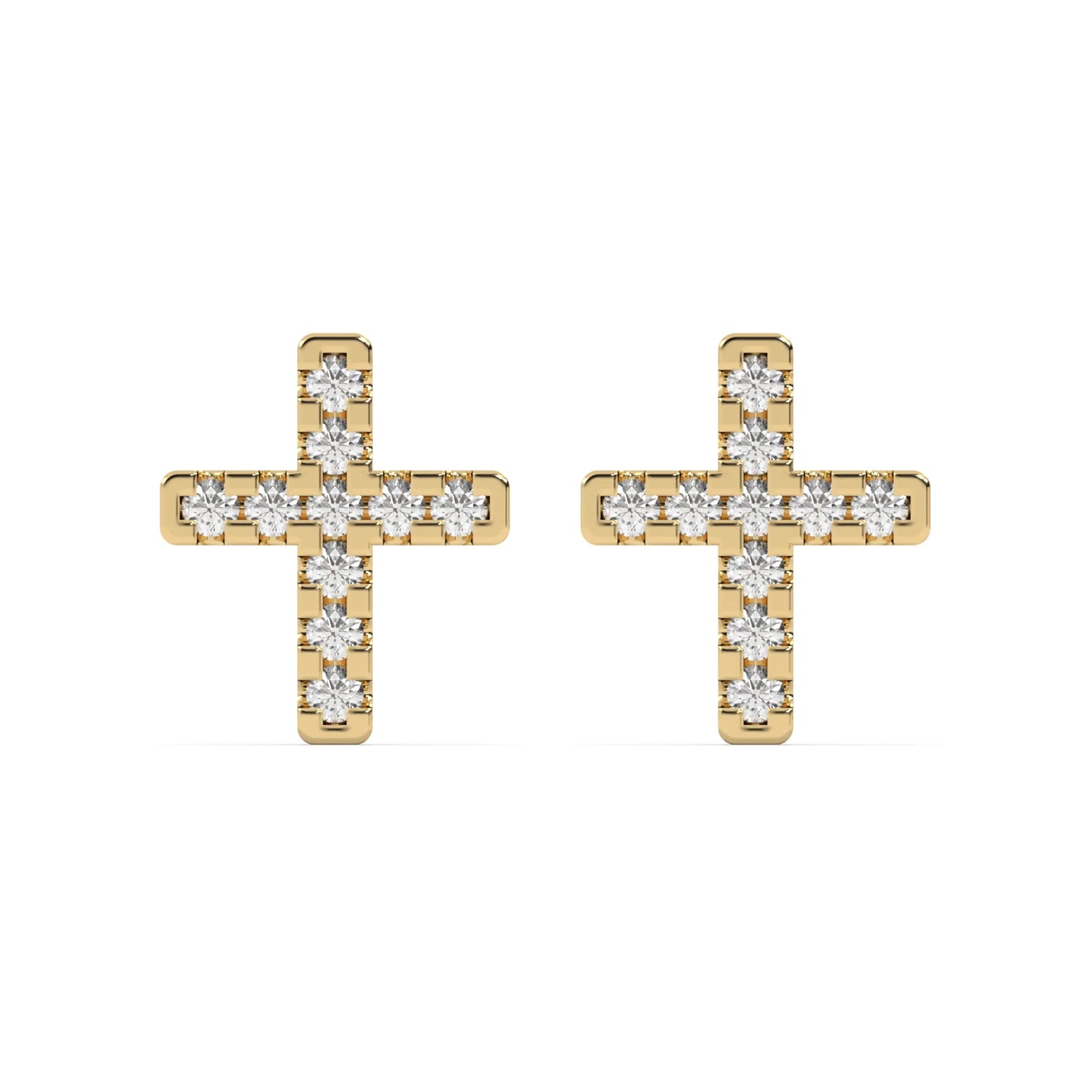 This yellow gold are small cross-shaped studs made with tiny round diamonds and set closely together in top view