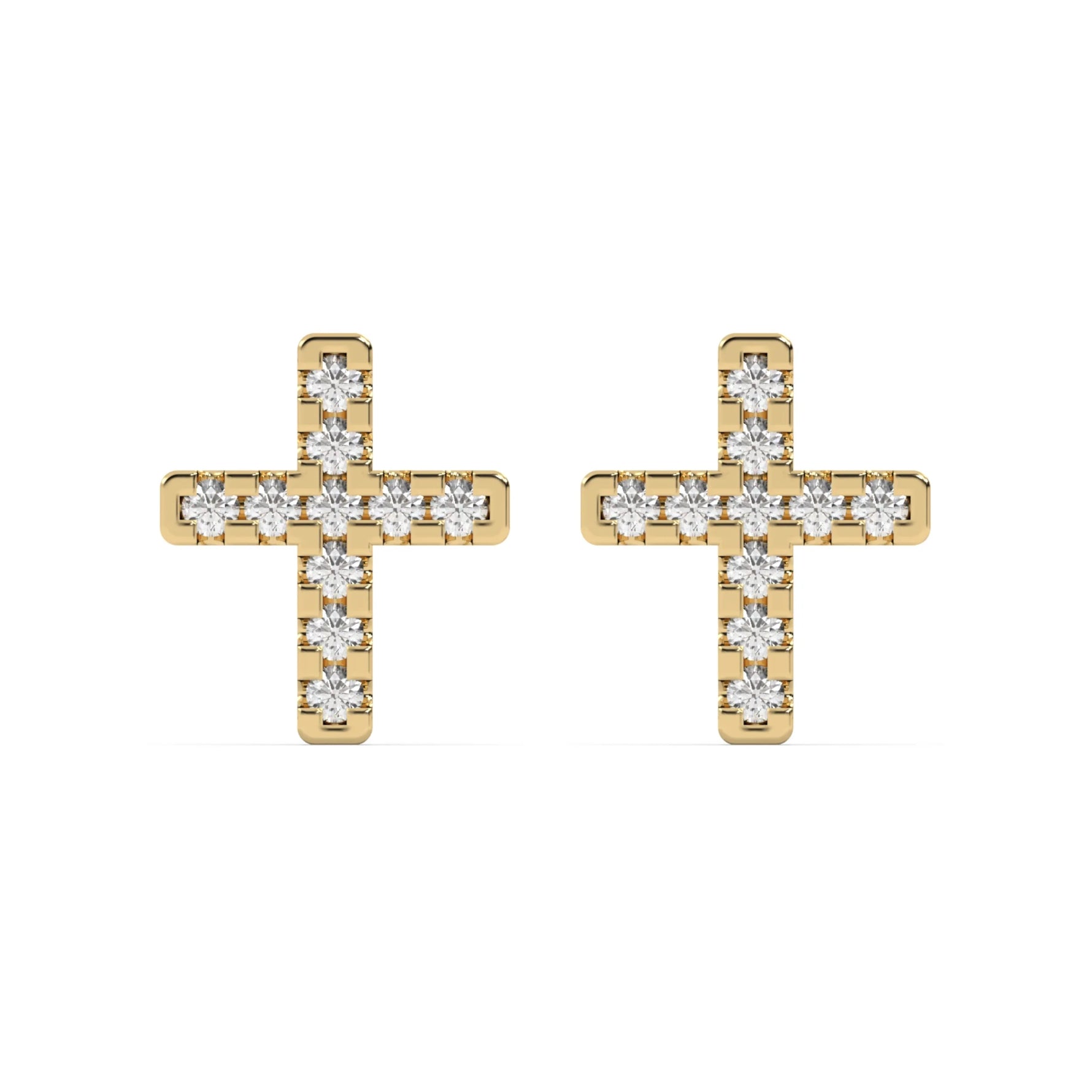 This yellow gold are small cross-shaped studs made with tiny round diamonds and set closely together in top view