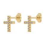 This yellow gold are small cross-shaped studs made with tiny round diamonds and set closely together in side view