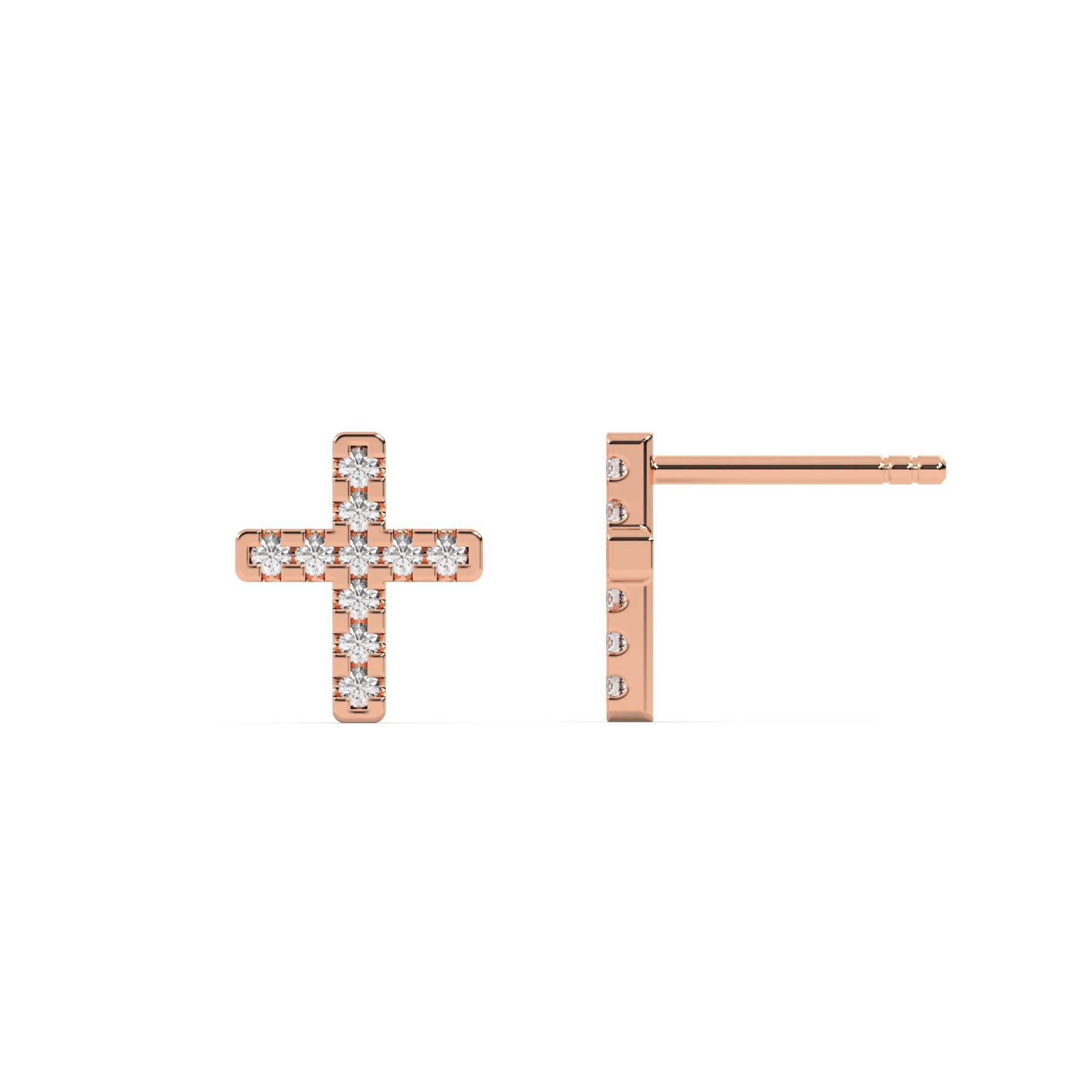 This rose gold are small cross-shaped studs made with tiny round diamonds and set closely together in top view and side view