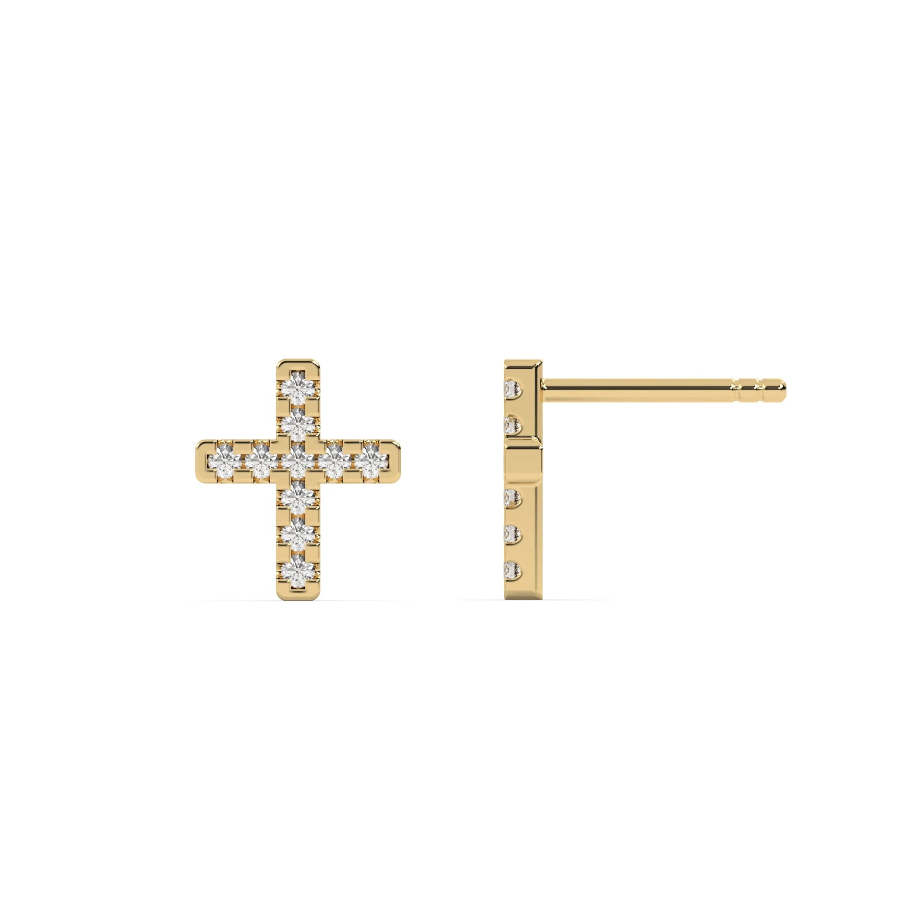 This yellow gold are small cross-shaped studs made with tiny round diamonds and set closely together in top view and side view