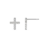 This white gold are small cross-shaped studs made with tiny round diamonds and set closely together in top view and side view