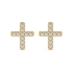 This yellow gold are small cross-shaped studs made with tiny round diamonds and set closely together in top view