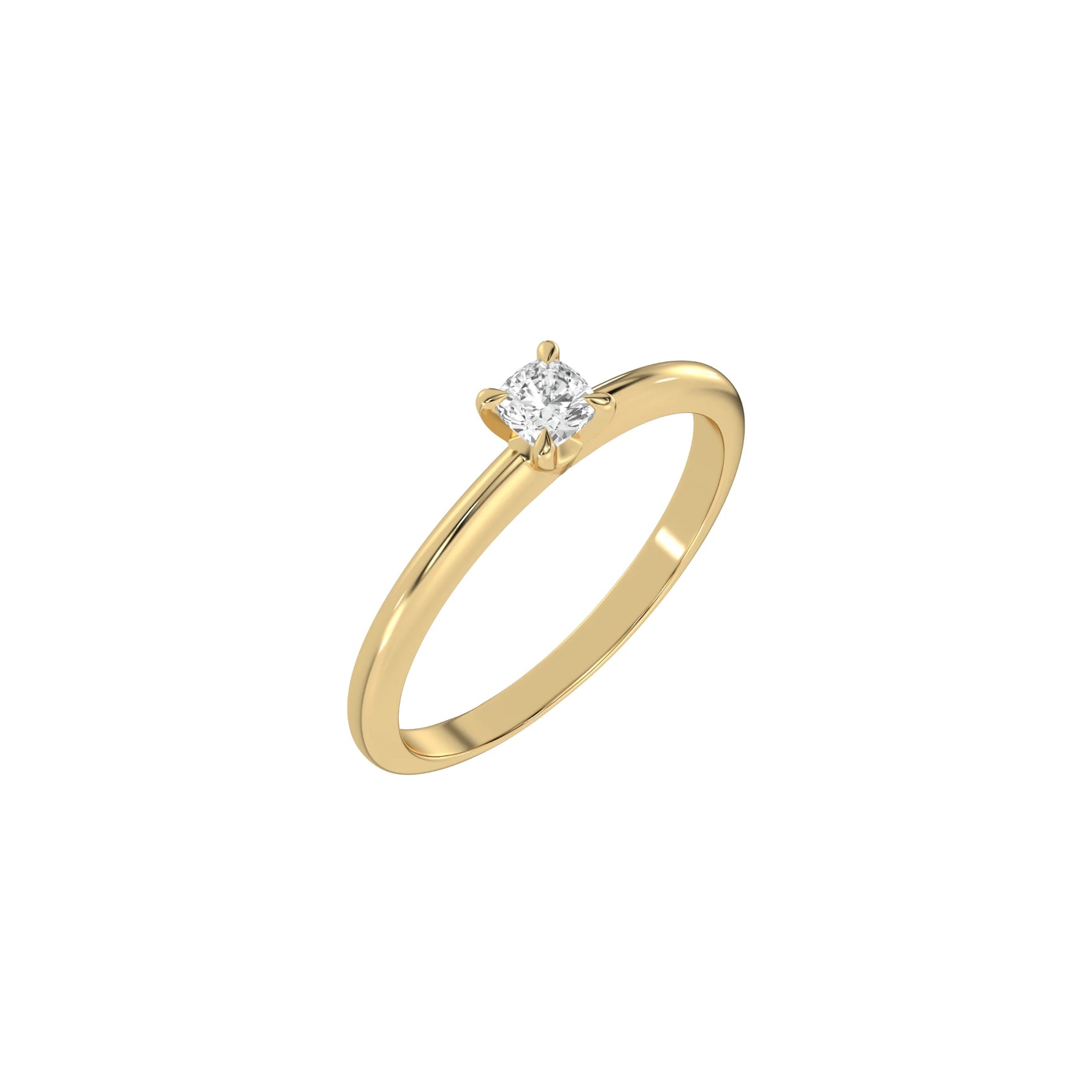 This yellow gold ring features a cushion solitaire diamond elegantly secured in a four-prong setting on a solid gold band in 3D view