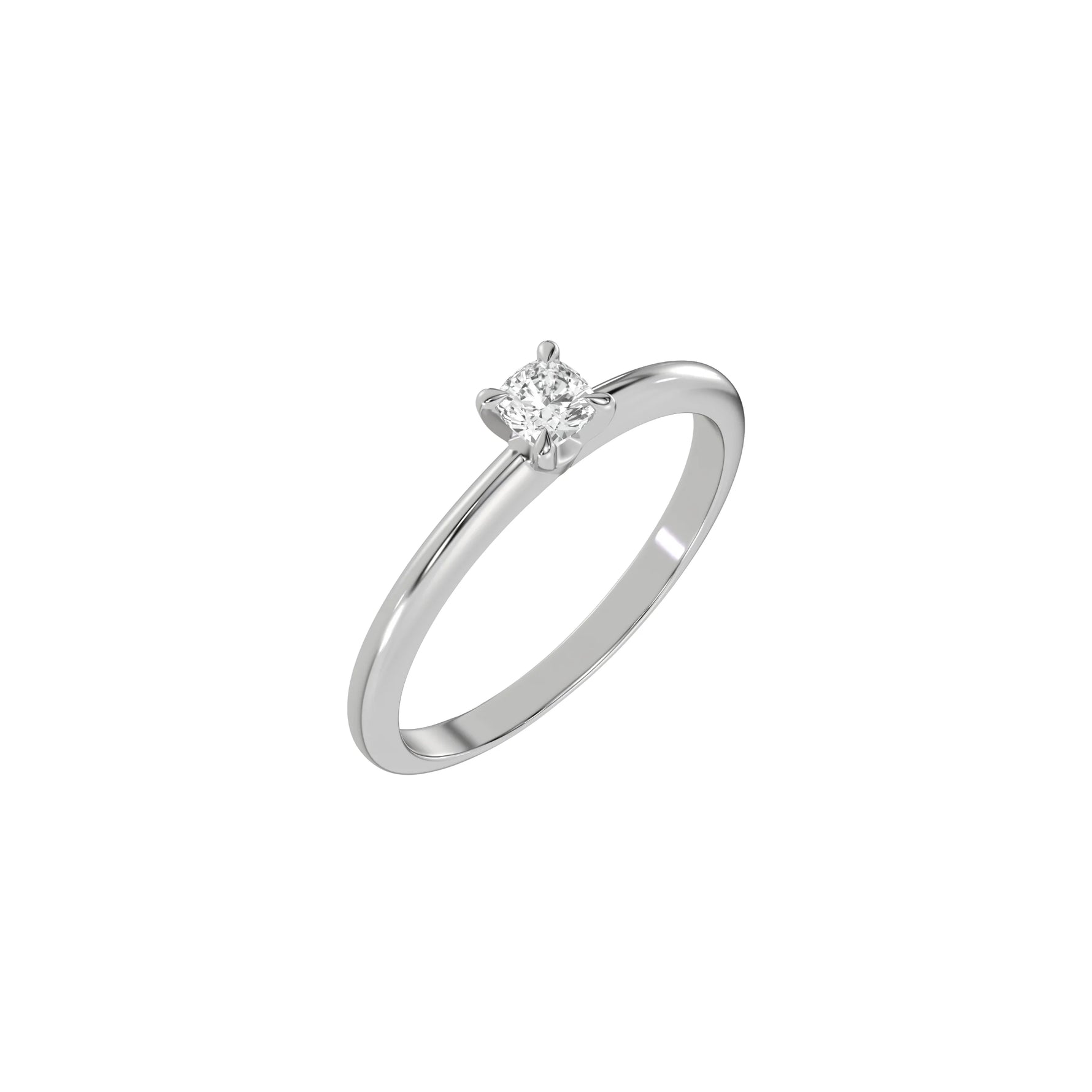 This white gold ring features a cushion solitaire diamond elegantly secured in a four-prong setting on a solid gold band in 3D view