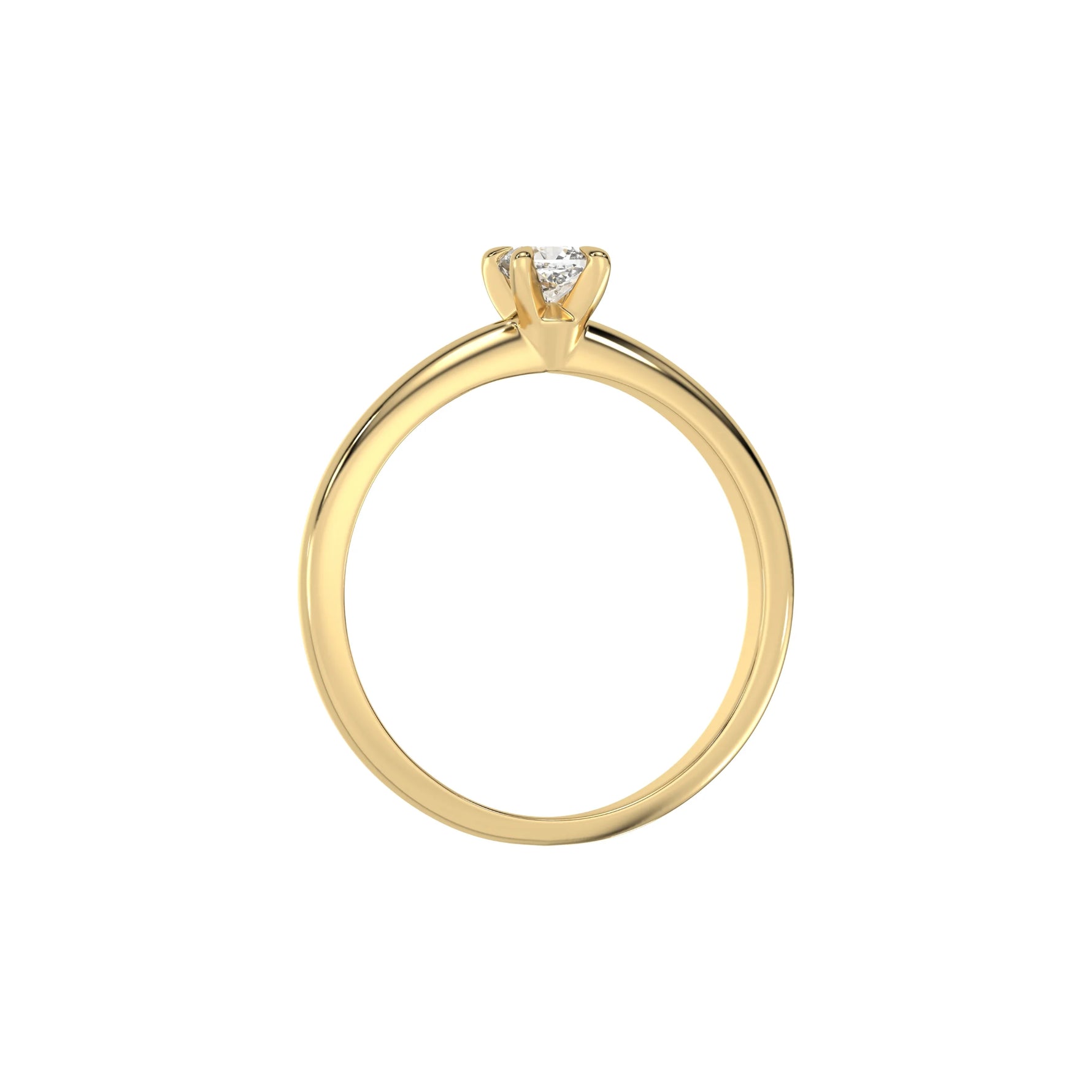 This yellow gold ring features a cushion solitaire diamond elegantly secured in a four-prong setting on a solid gold band in through finger view