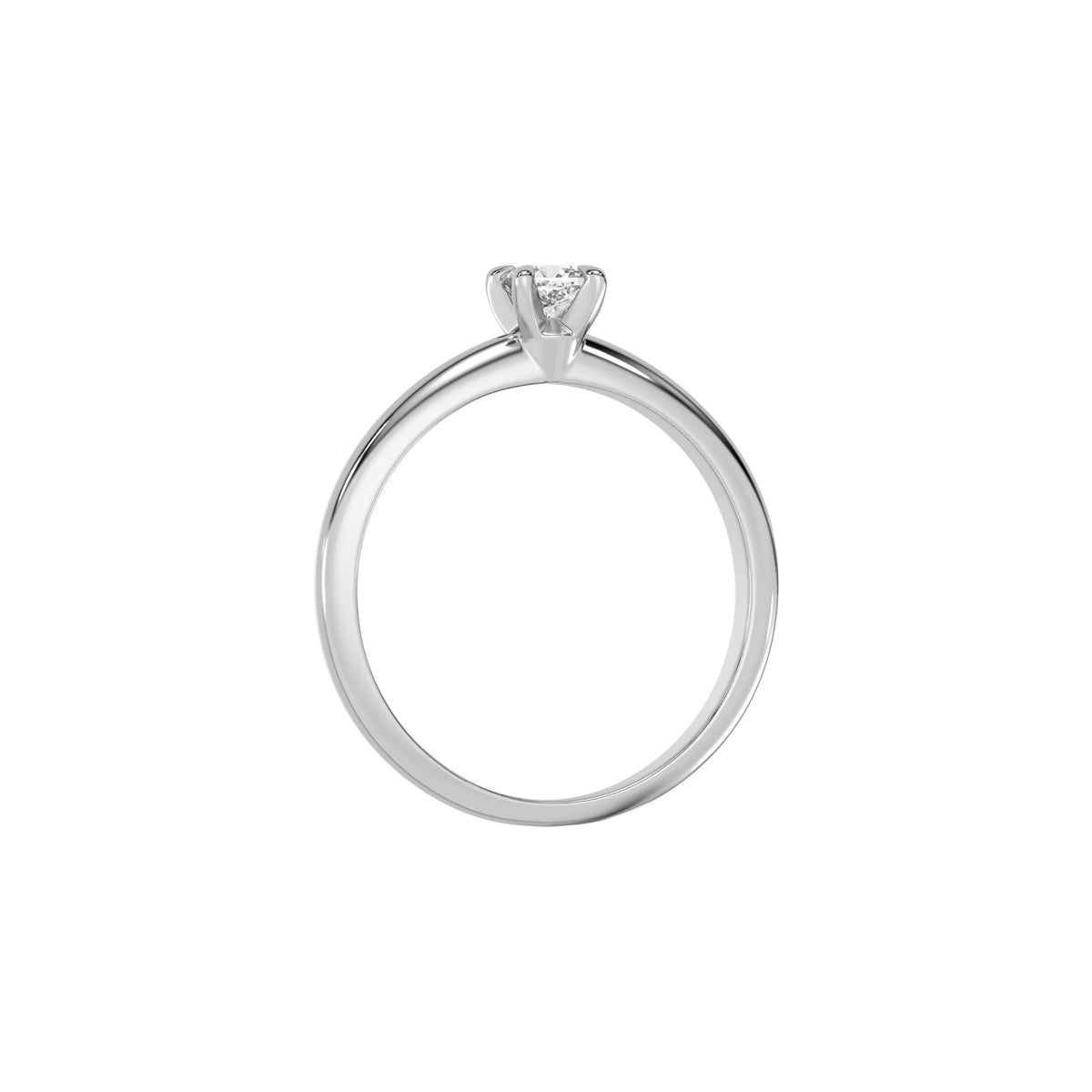 This white gold ring features a cushion solitaire diamond elegantly secured in a four-prong setting on a solid gold band in through finger view