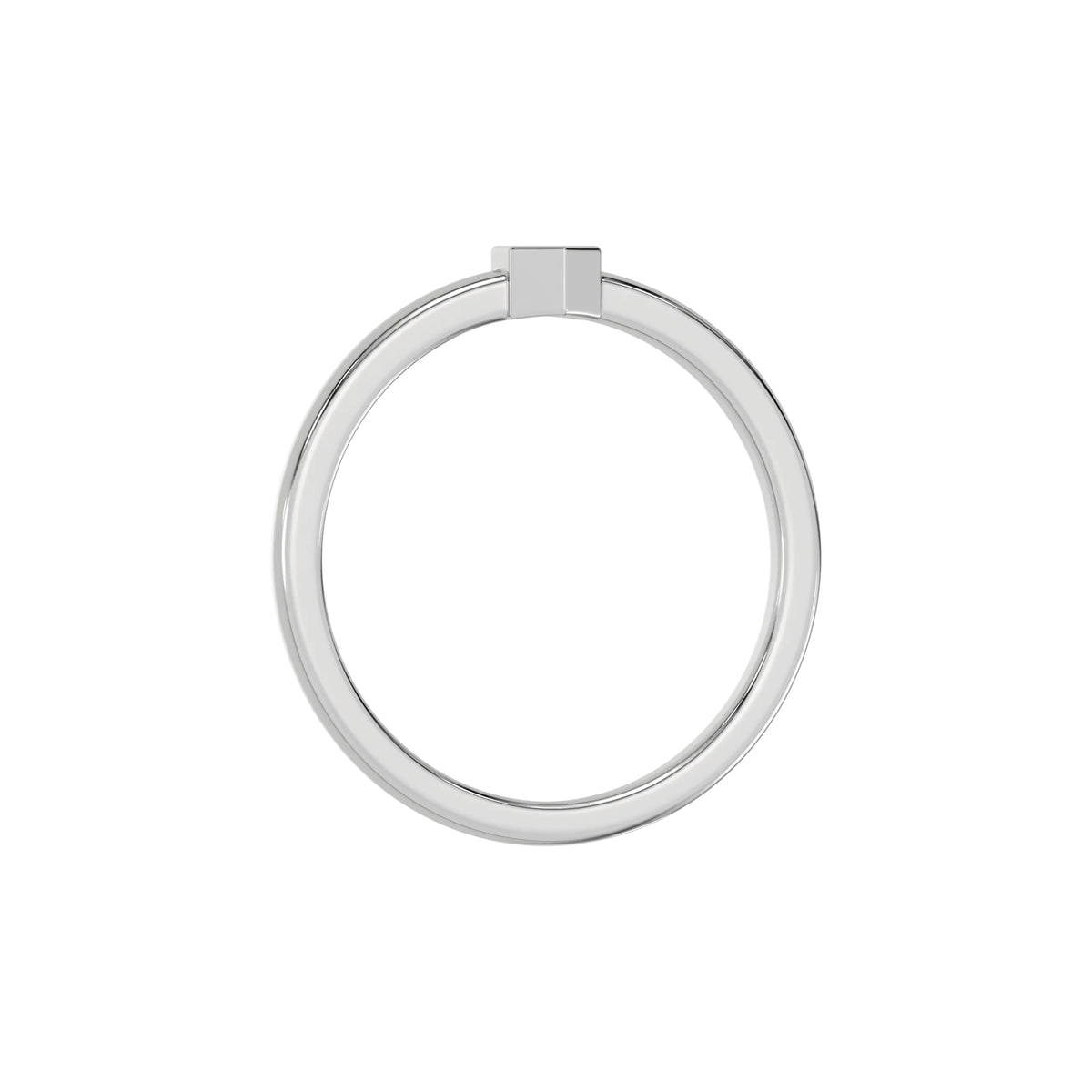 Thin white gold band with a round solitaire diamond in a hexagonal bezel setting in through finger view