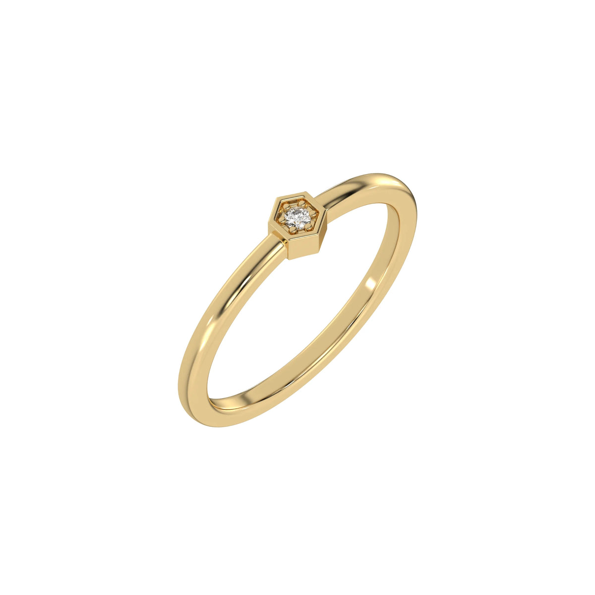 Thin yellow gold band with a round solitaire diamond in a hexagonal bezel setting in 3D view