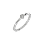 Thin white gold band with a round solitaire diamond in a hexagonal bezel setting in 3D view