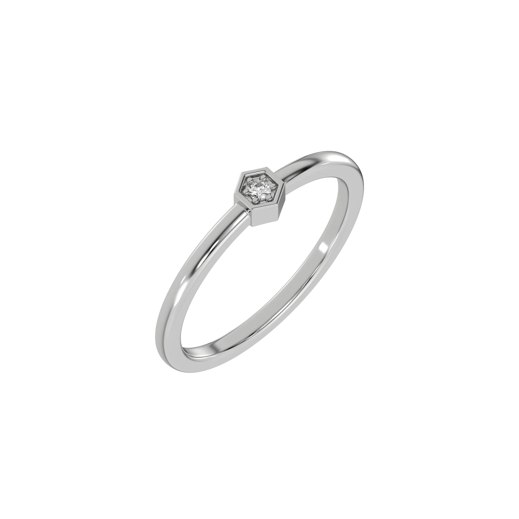 Thin white gold band with a round solitaire diamond in a hexagonal bezel setting in 3D view