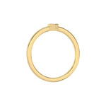 Thin yellow gold band with a round solitaire diamond in a hexagonal bezel setting in through finger view