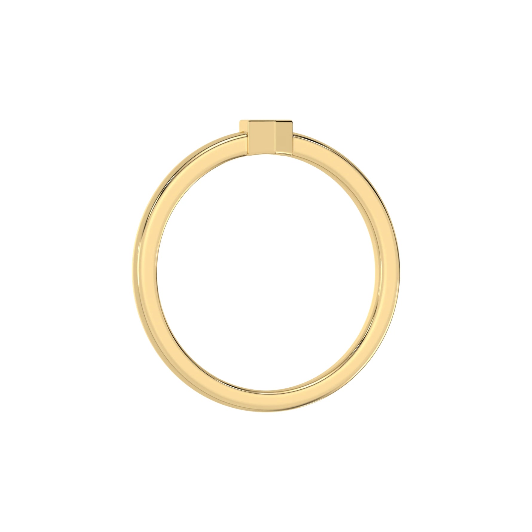 Thin yellow gold band with a round solitaire diamond in a hexagonal bezel setting in through finger view