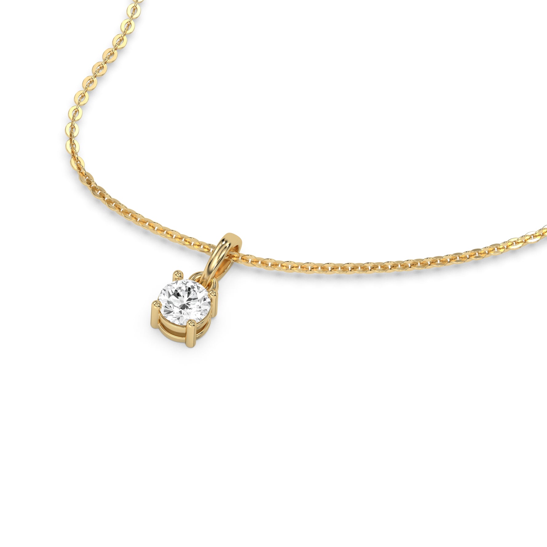 This yellow gold Round Solitaire Diamond Necklace made with round brilliant-cut diamond in a four prong setting with adjustable chain in 3d view