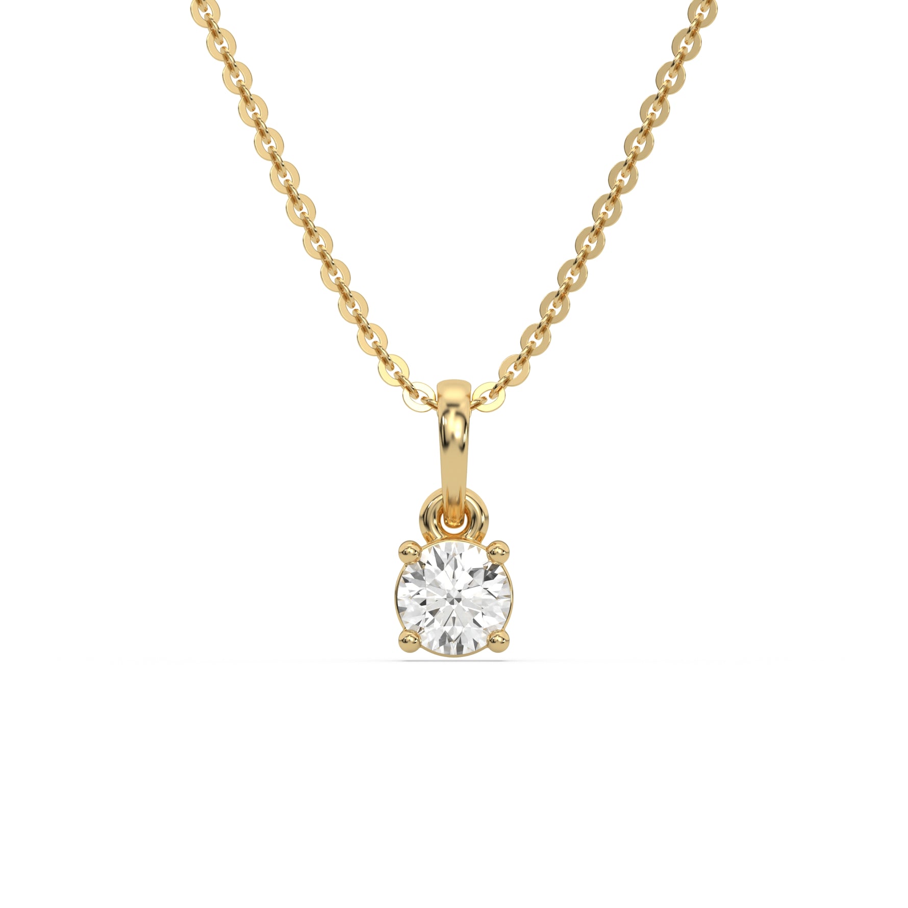 This yellow gold Round Solitaire Diamond Necklace made with round brilliant-cut diamond in a four prong setting with adjustable chain in top view