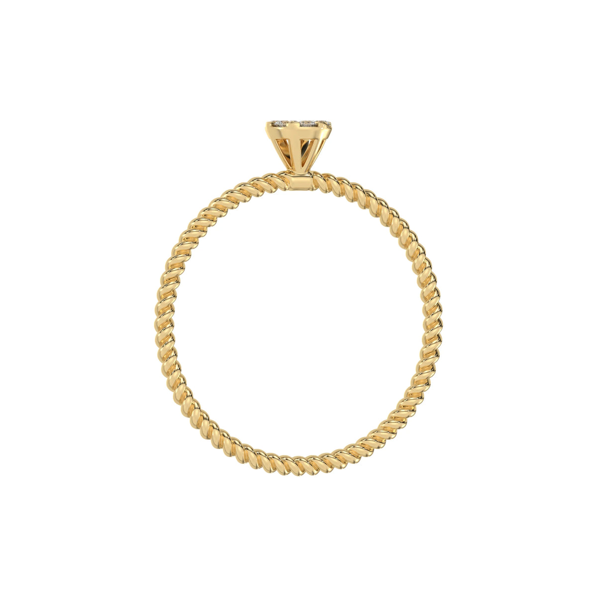 This yellow Thin gold twisted rope band with a solitaire made with round diamonds in a cluster setting in through finger view